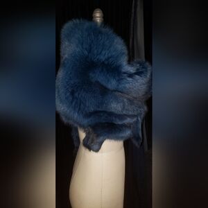 Genuine Fox fur aqua blue & black tips  raw wraparound shawl 2 slits armhole